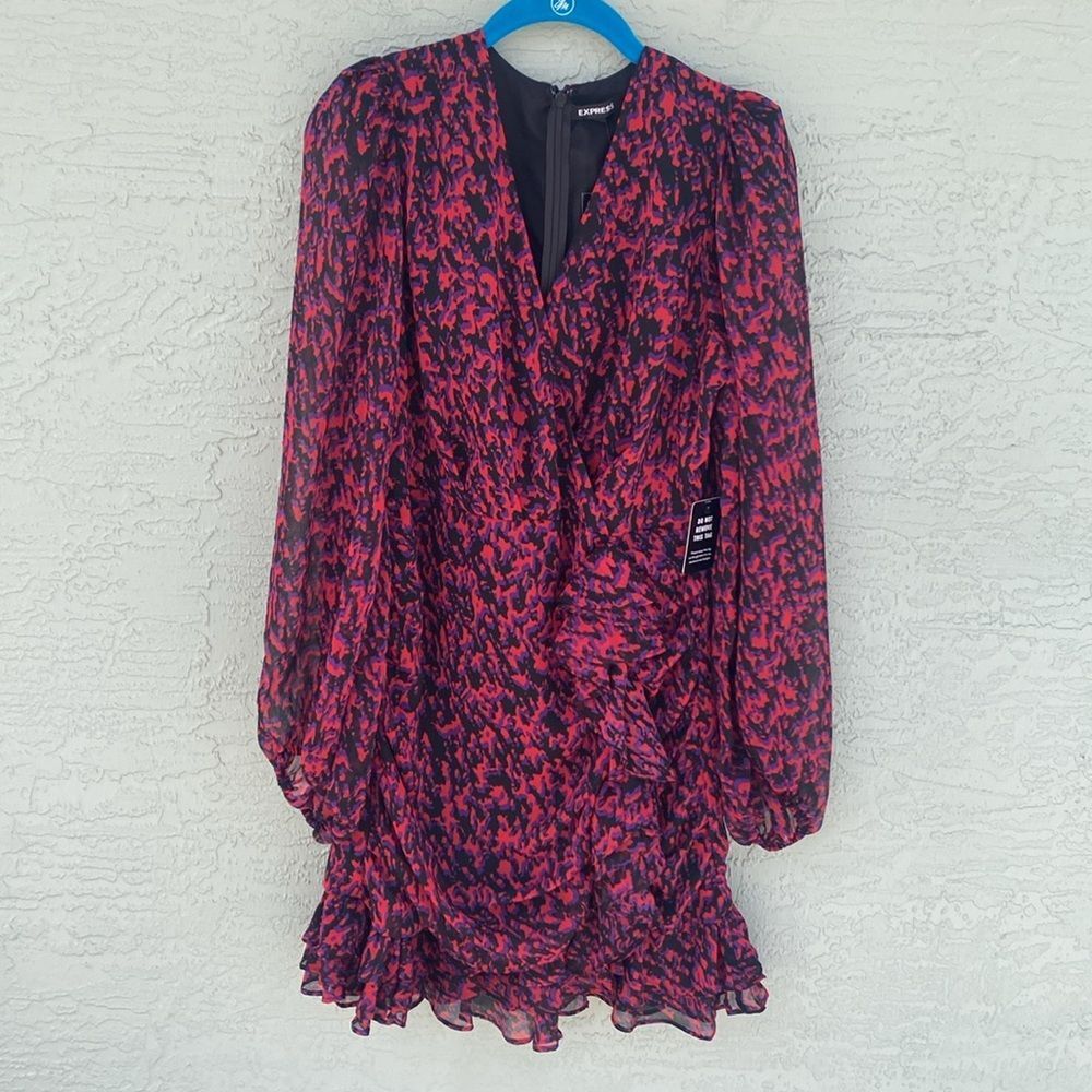 NWT Express Abstract Print Faux Wrap Ruffle Mini Dress Sz M - Picture 5 of 14
